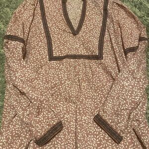 Faherty Boho V-Neck Tunic with Leaf Print - Mauve & Cream